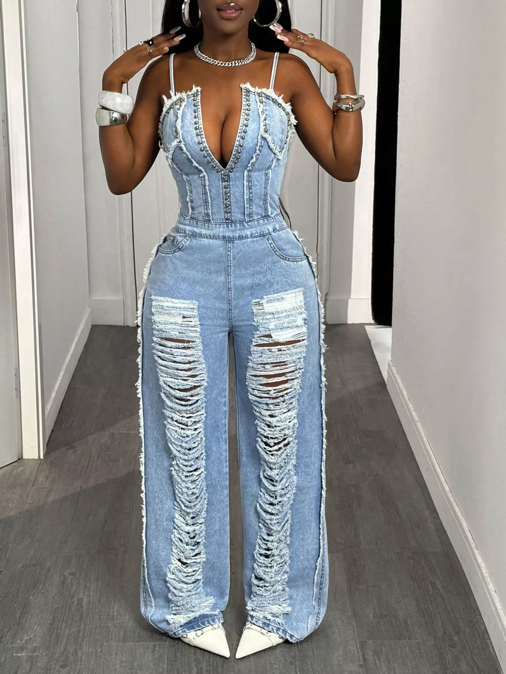 Distressed Spaghetti Strap Wide-Leg Denim Jumpsuit, image 5