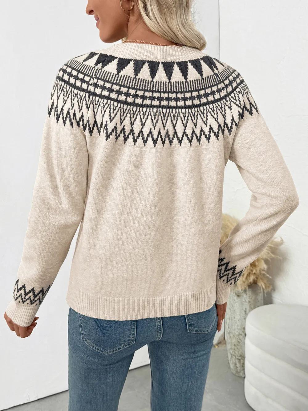 Nordic Fair Isle Pattern Round Neck Sweater, image 7