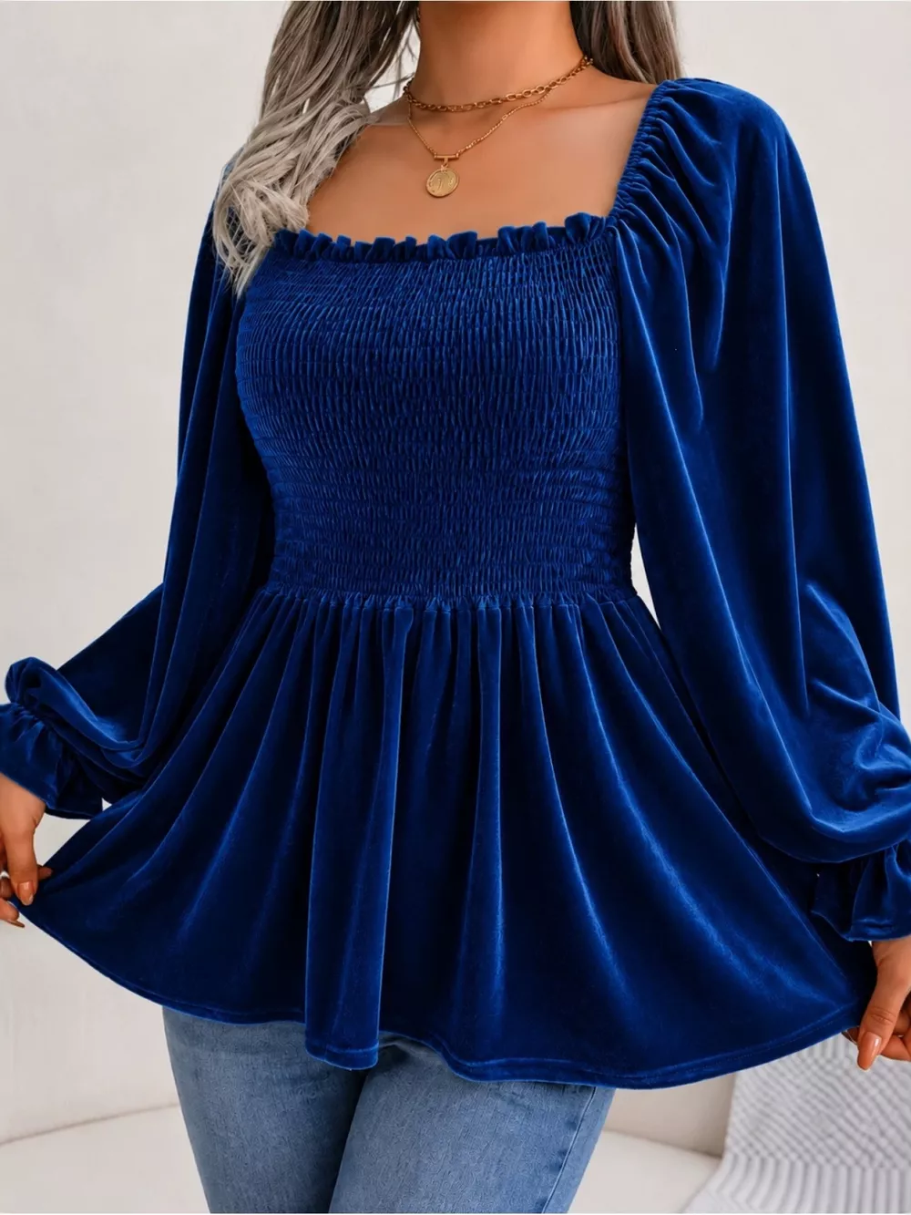 Velvet Smocked Peplum Blouse, image 10