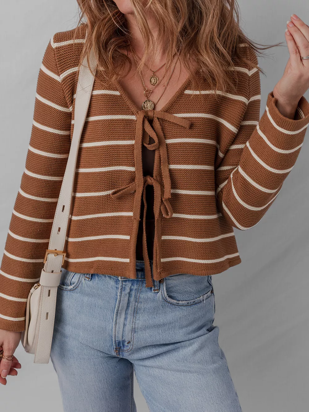 Tie Front Striped Knit V Neck Cardigan, image 7
