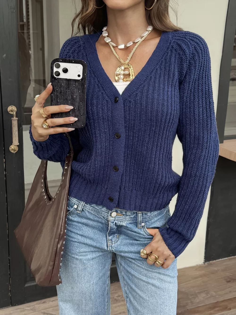 V-Neck Button-Down Cardigan, image 3