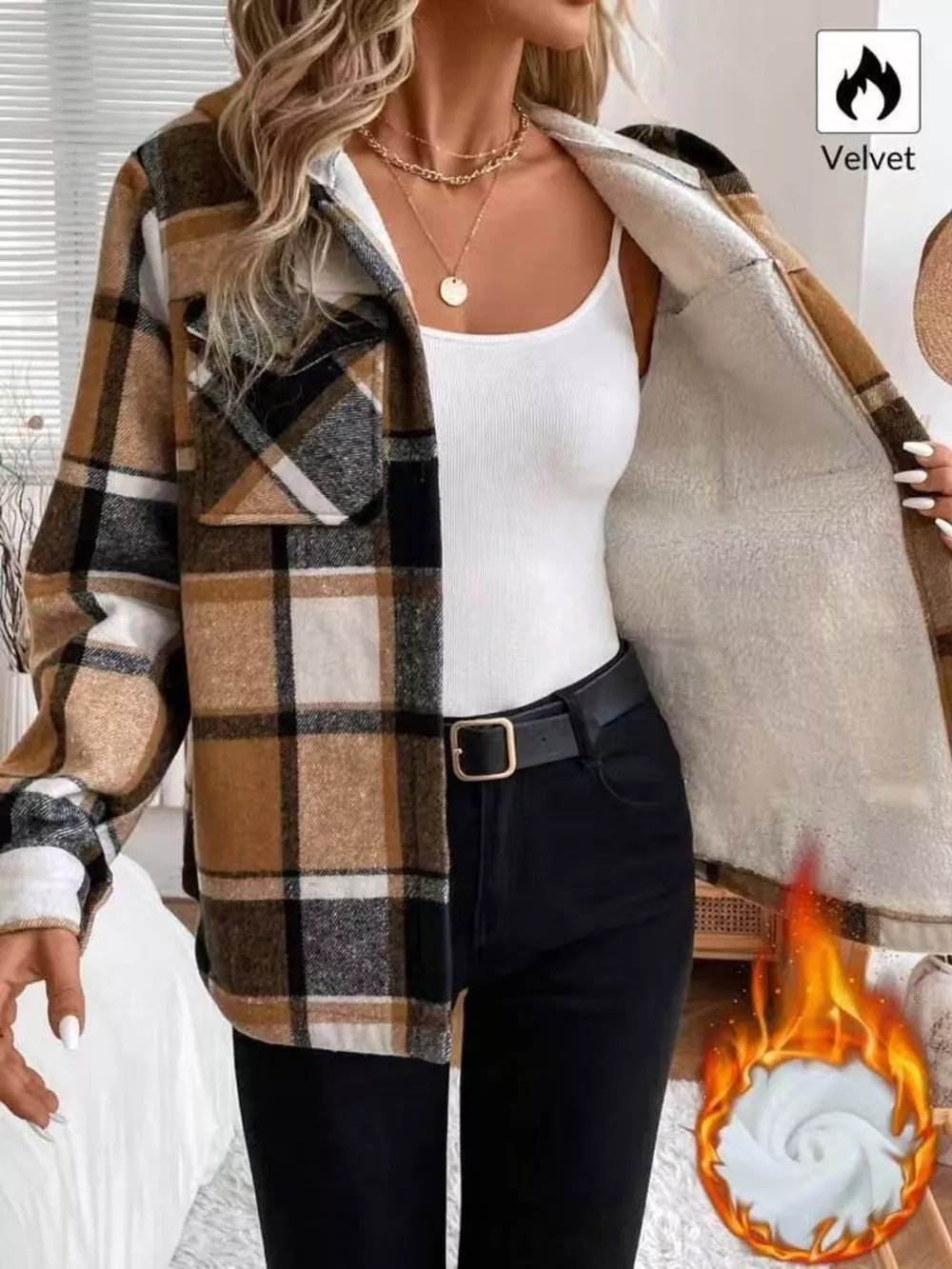 Hooded Plaid Button Up Jacket, image 6
