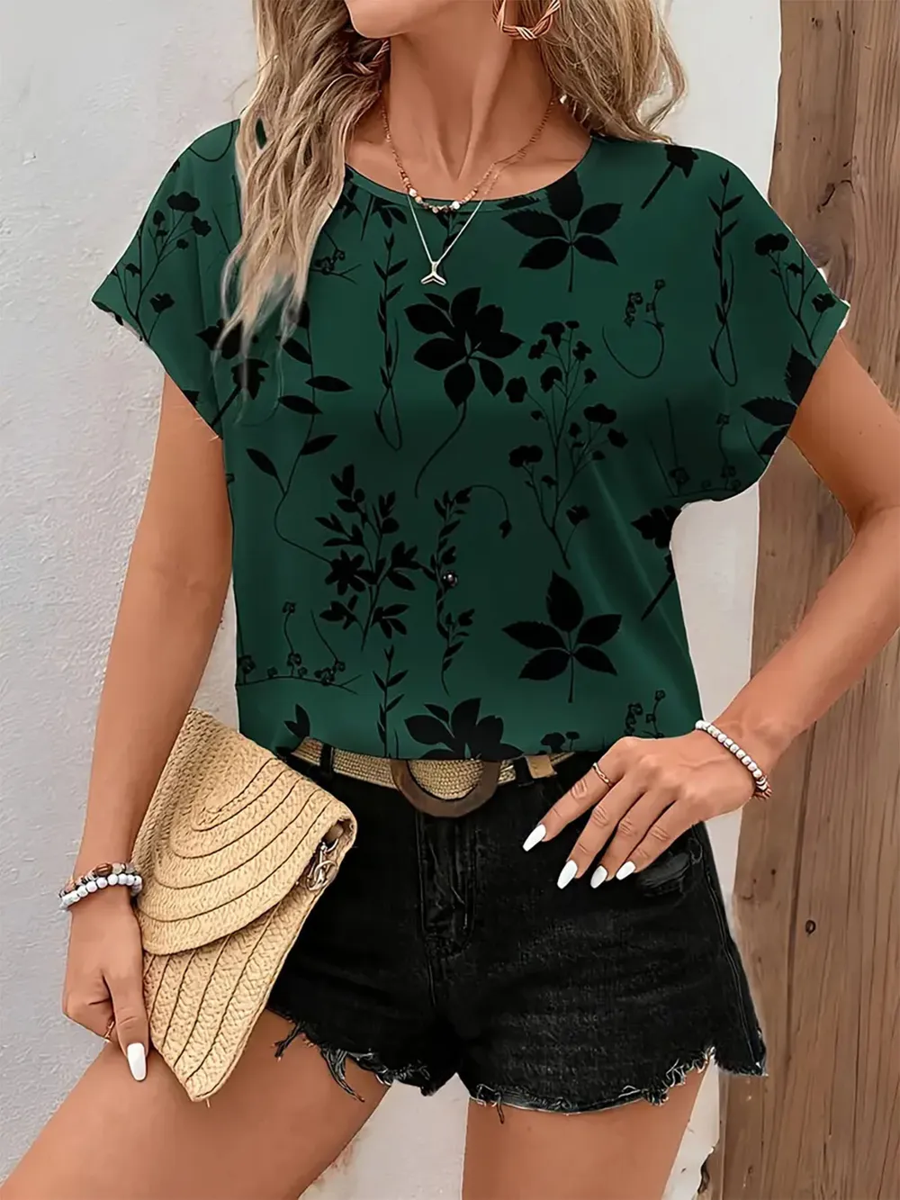 Printed Round Neck Short Sleeve Blouse, image 13