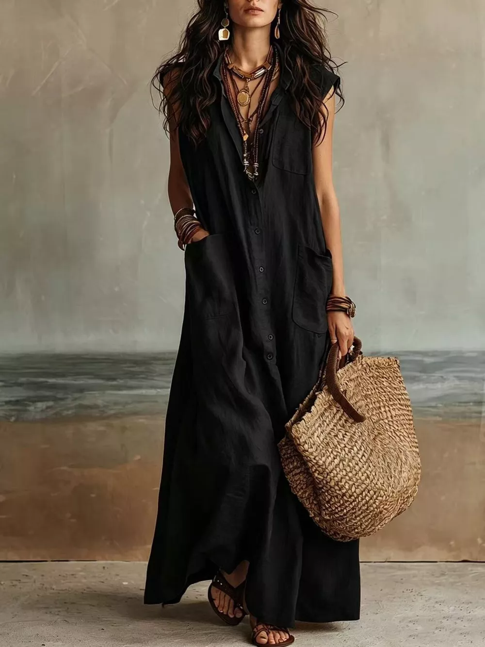 Sleeveless Button-Down Linen Maxi Dress, image 12