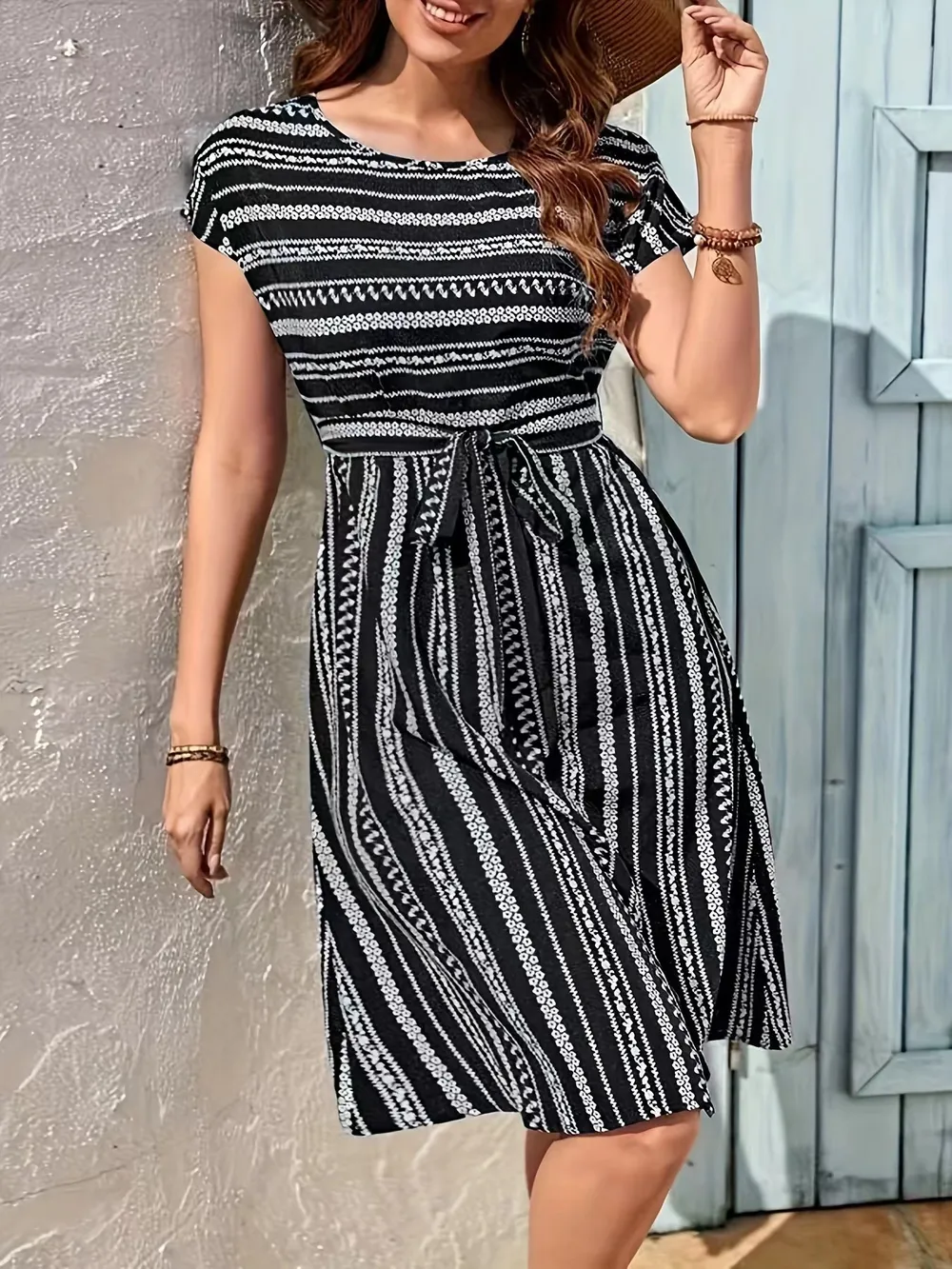 Striped Round Neck Short Sleeve Casual Dress, image 8