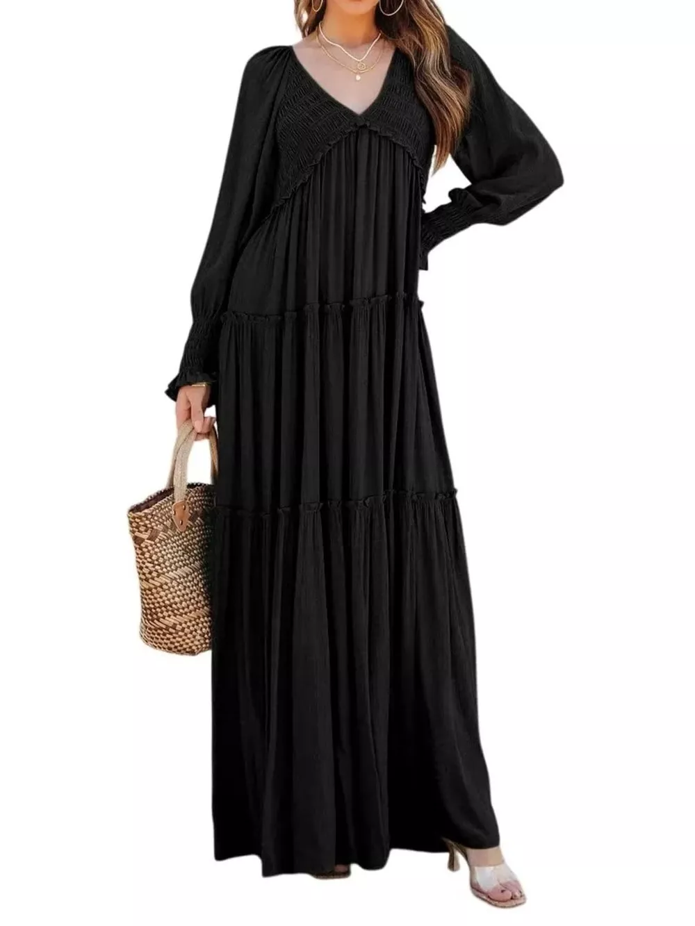 V-Neck Long Sleeve Tiered Maxi Dress, image 12