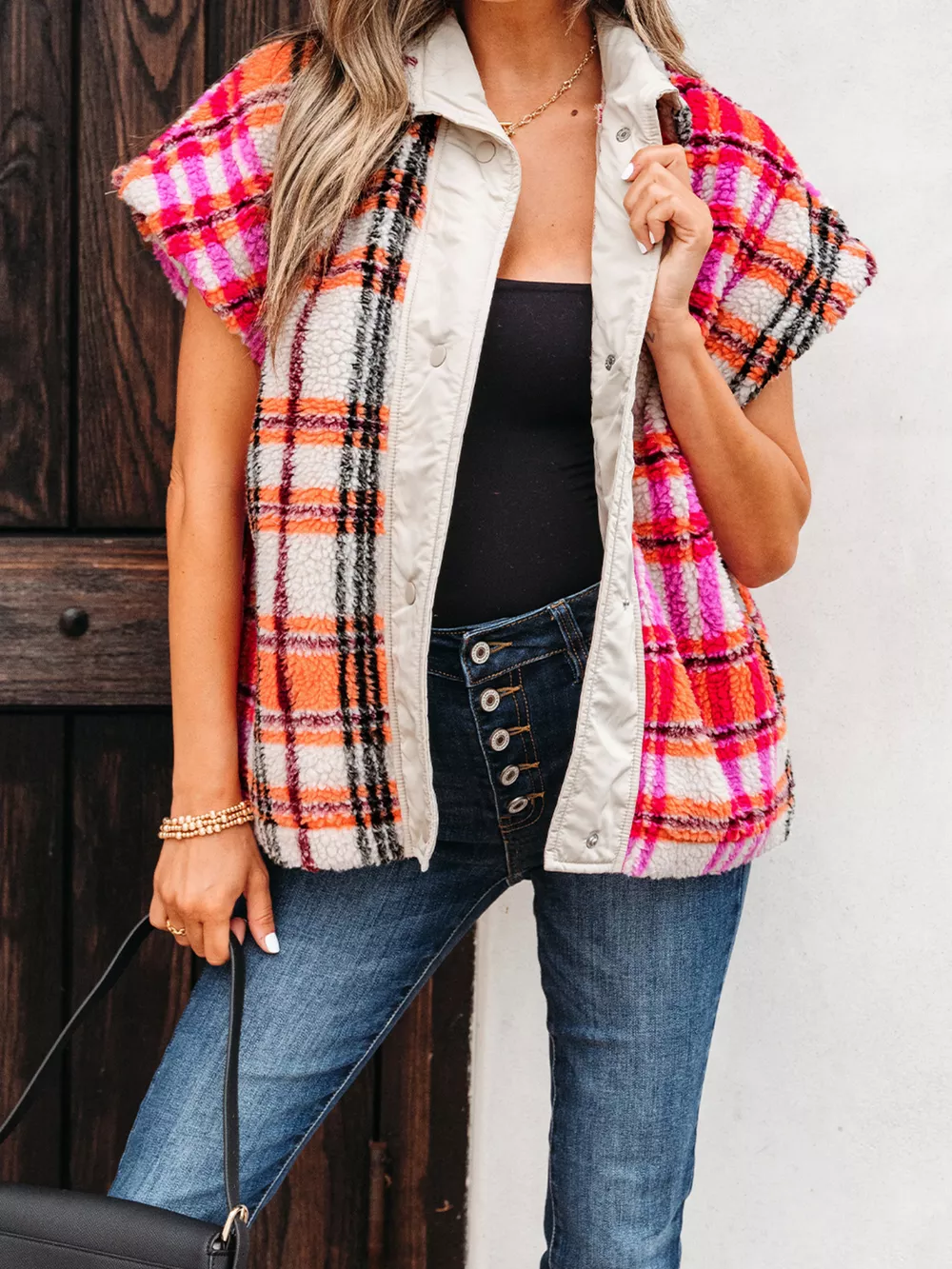Sherpa Plaid Snap Down Vest Coat, image 8