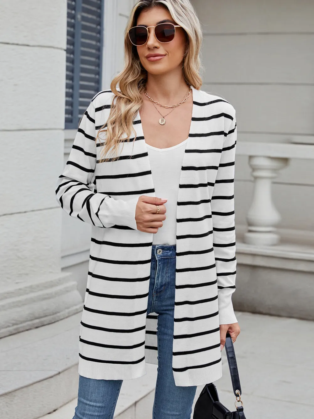Striped Open Front Cardigan with Relaxed Fit, image 5