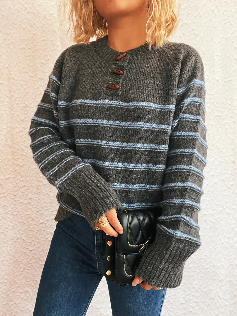 Striped Button Detail Long Sleeve Sweater, image 17