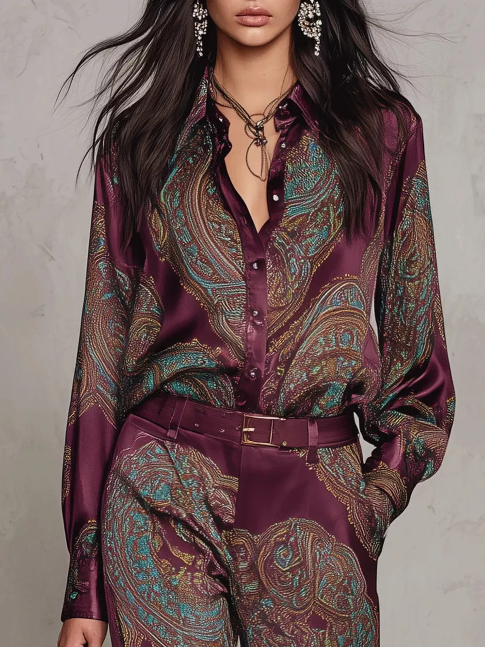 Paisley Print Long Sleeve Shirt and Wide-Leg Pants Set, image 5