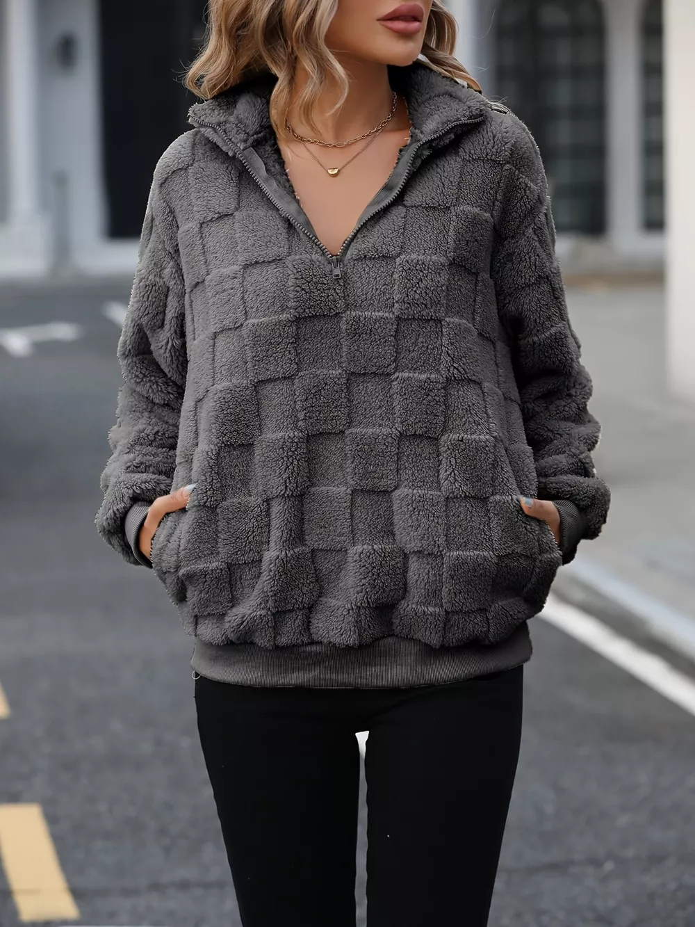 Cozy Checkered Fleece Quarter Zip Sweatshirt, image 4