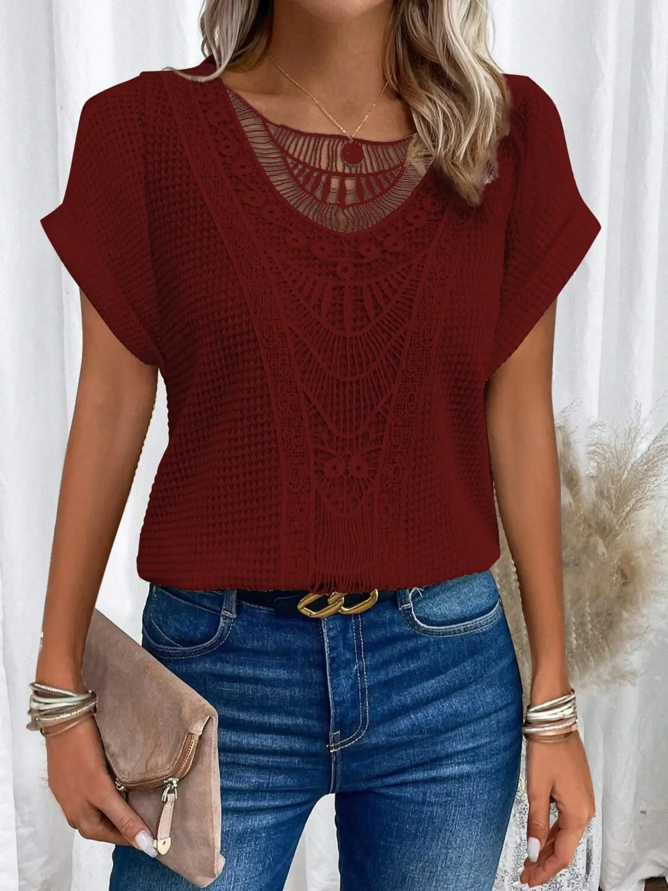 Crochet Lace Short Sleeve Casual T-Shirt, image 25