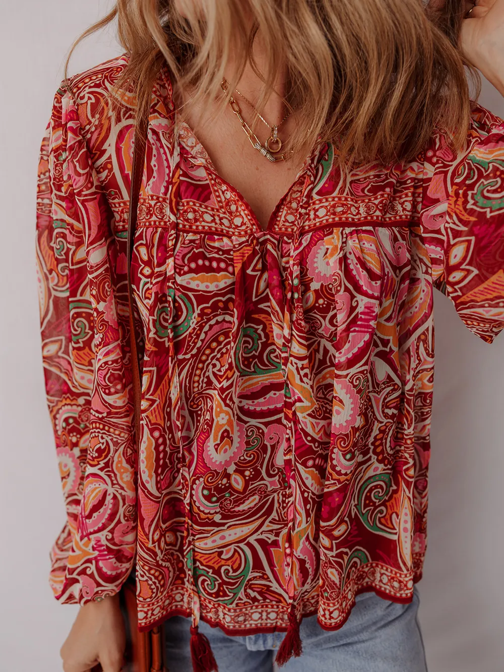 Multicolour Ethnic Paisley Print Tassel Tie Puff Sleeve Boho Blouse, image 9