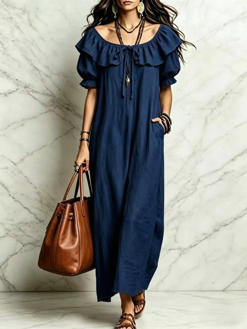 Ruffle Trim Puff Sleeve Maxi Dress, image 16