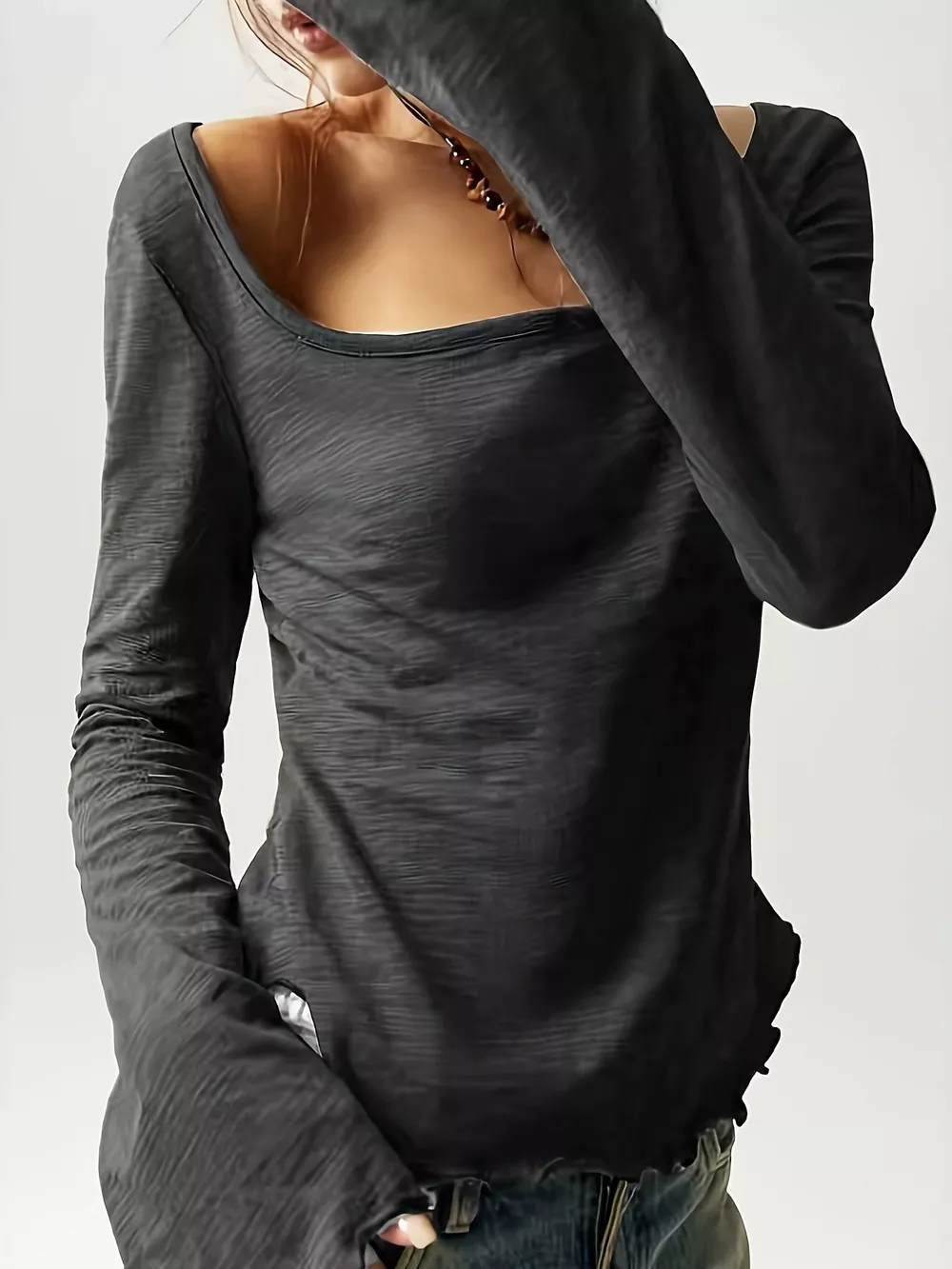Long Sleeve Square Neck Slim-Fit T-Shirt, image 3