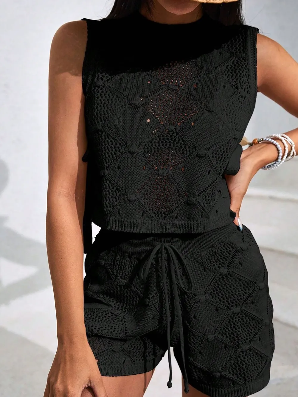 Diamond Pattern Sleeveless Top and Shorts Knit Set, image 11