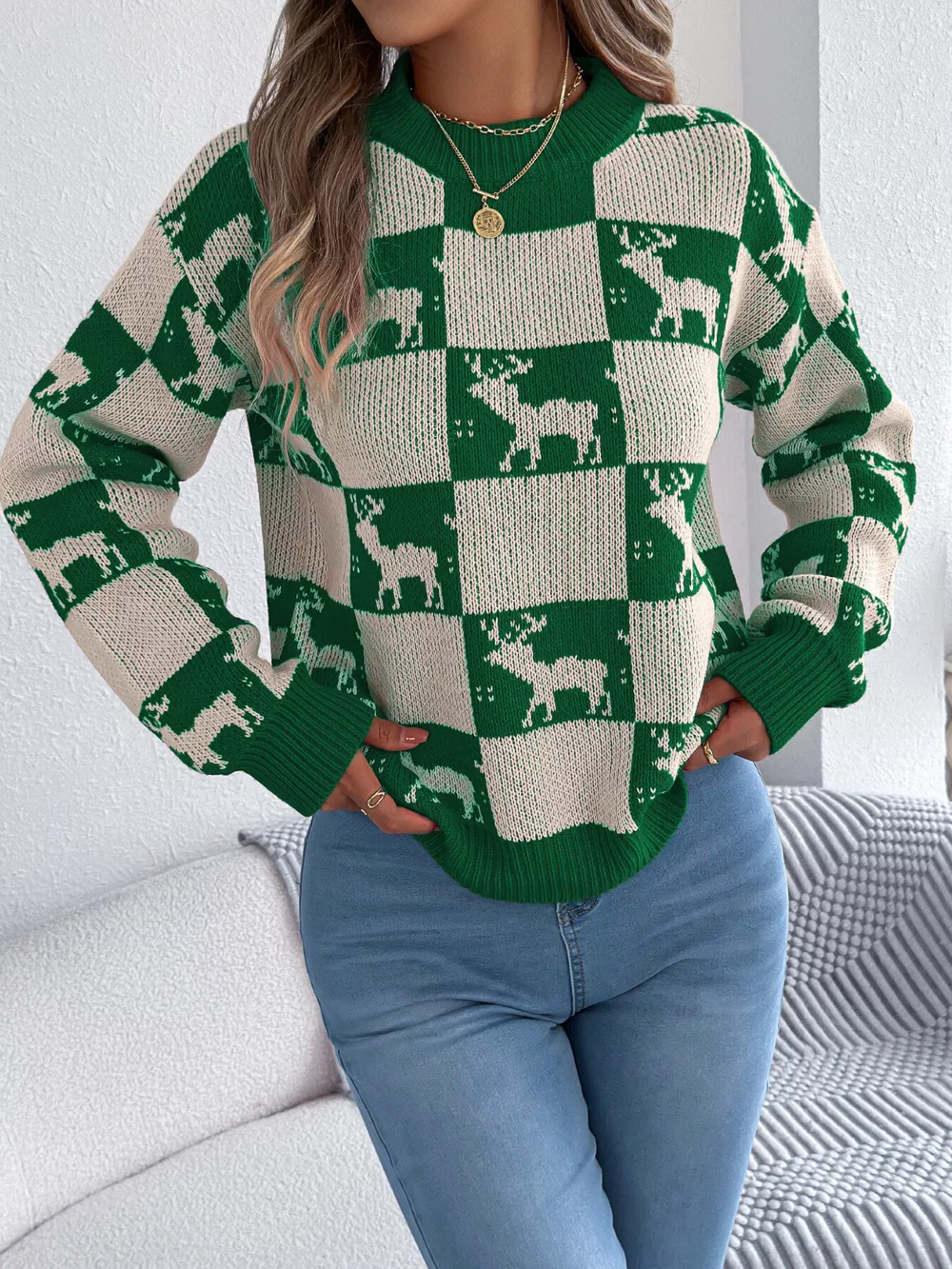Reindeer Checkerboard Pattern Pullover Sweater, image 6