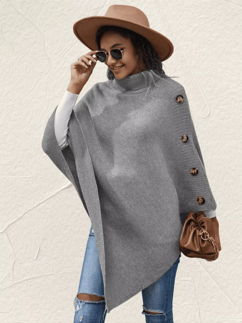 Button-Decor Turtleneck Poncho Pullover, image 19