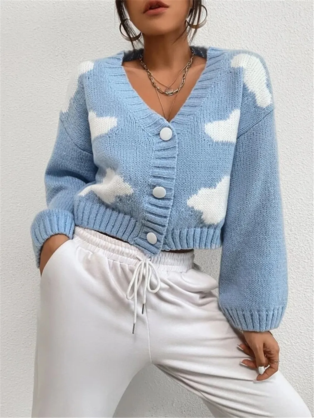 Contrast Cloud Pattern Cropped Button-Up Cardigan, image 10