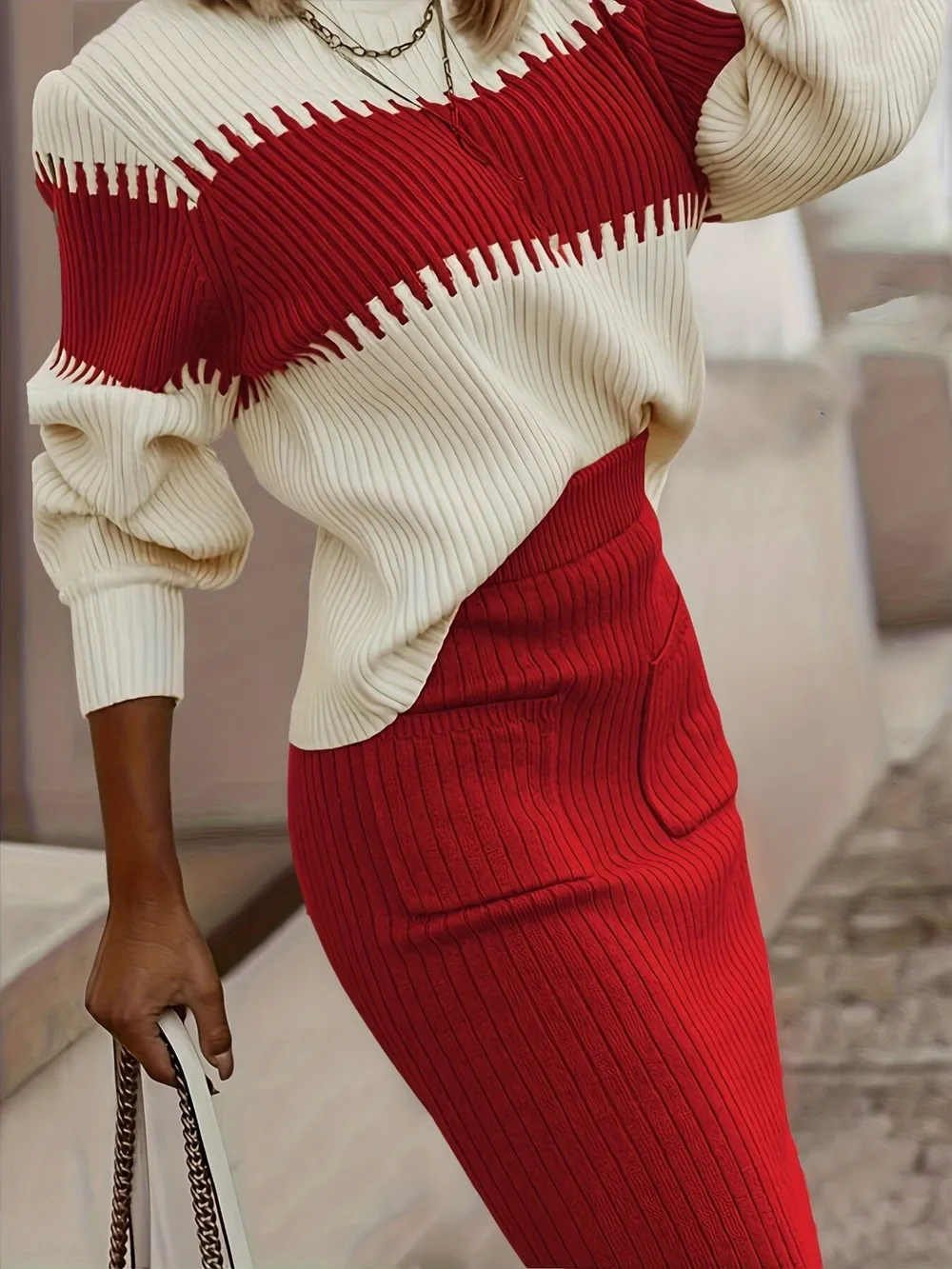 Two-Tone Ribbed Knit Top and Skirt Sweater Set, image 9