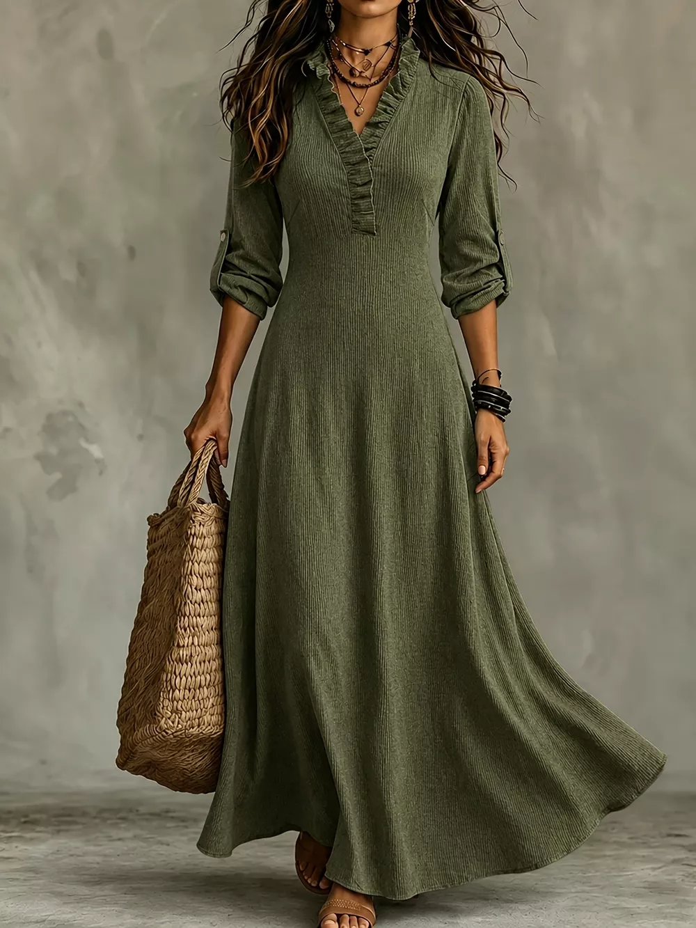 Full Size V-Neck Maxi Dress with Roll-Up Sleeves Plus Size, image 2
