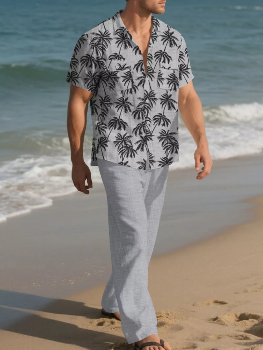 Men's Full Size Tropical Palm Print Button Up Shirt and Pants Set Plus Size, image 10