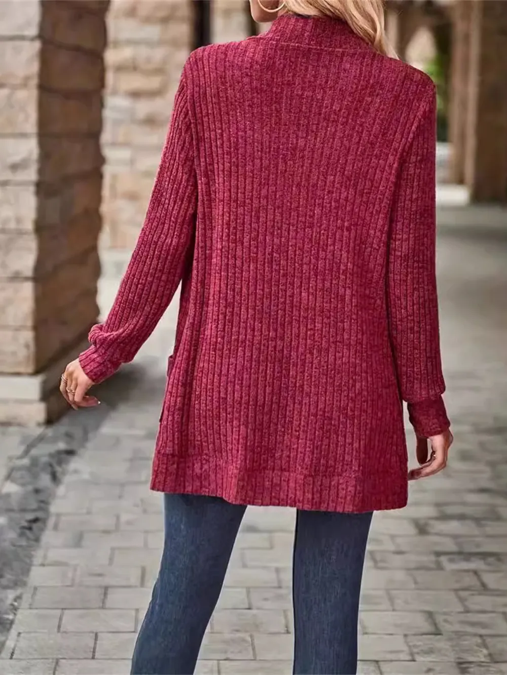 Ribbed Open Front Long Cardigan with Pockets, image 25