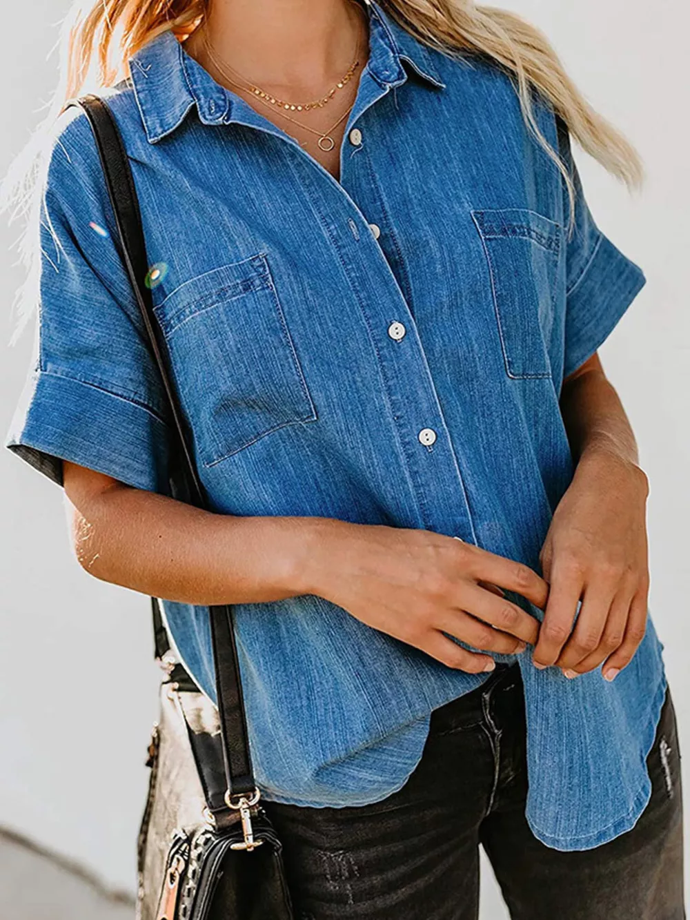 Casual Short Sleeve Denim Shirt, image 2