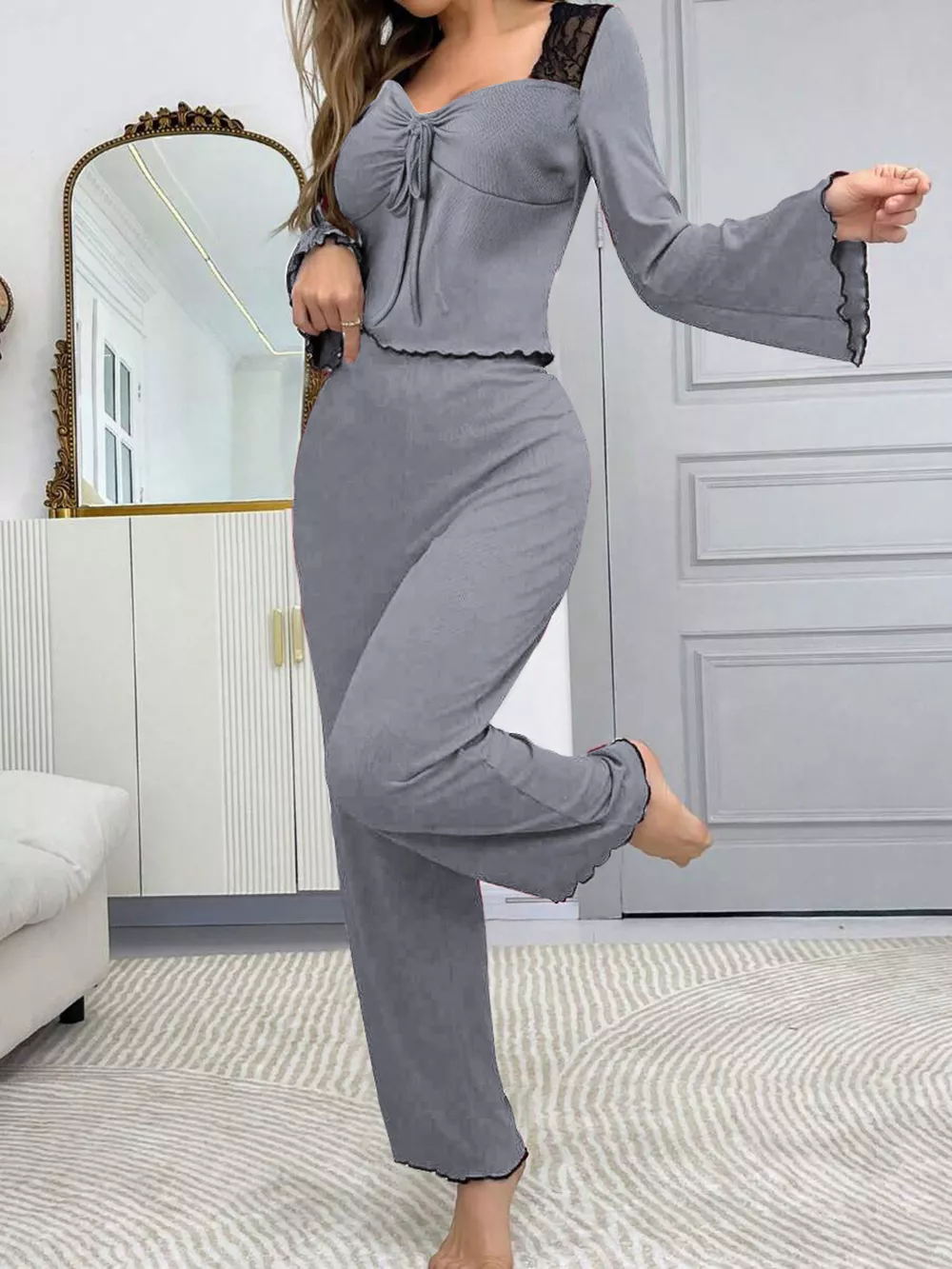 Lace Detail Flare Sleeves Top and Pants Lounge Set, image 9