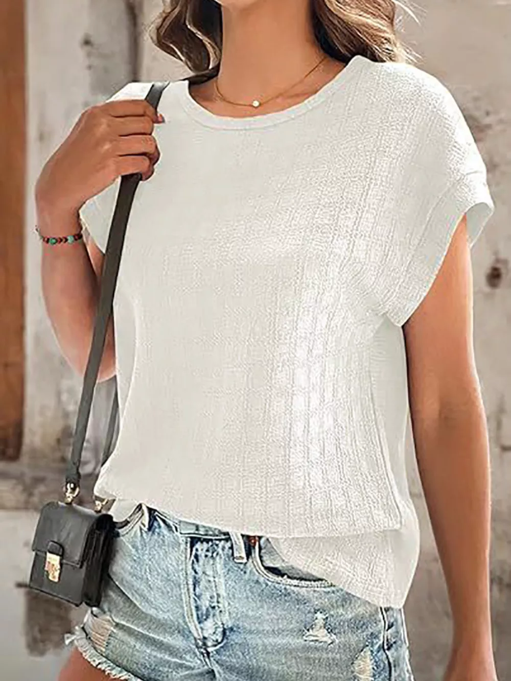 Textured Round Neck Short Sleeve Top, image 9