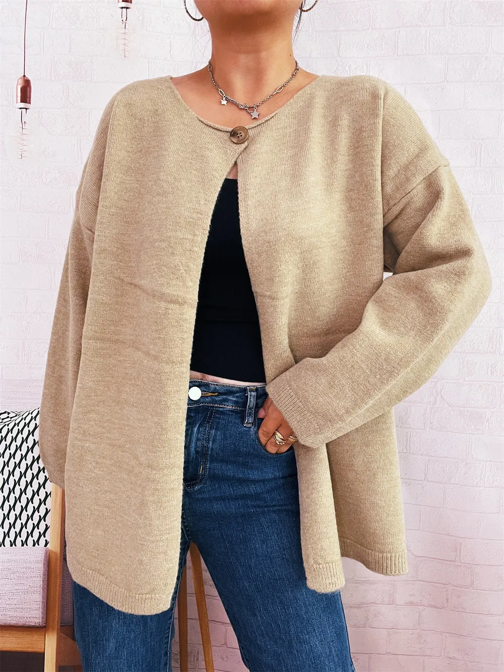 One Button Front Drop Shoulder Cardigan, image 9