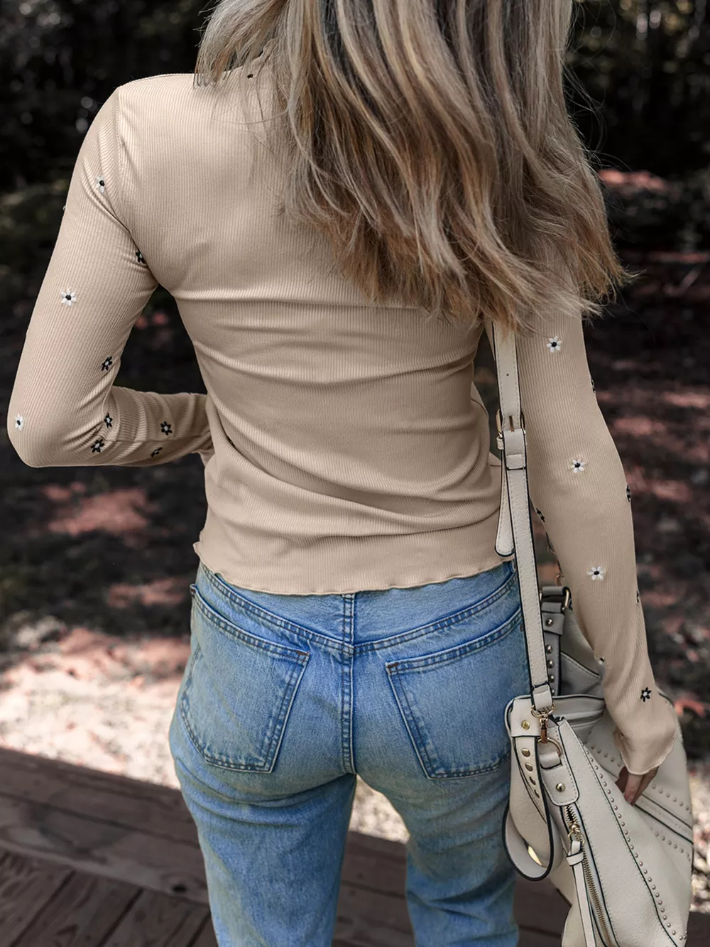 Floral Embroidered Detail Ribbed Long Sleeve Top, image 6