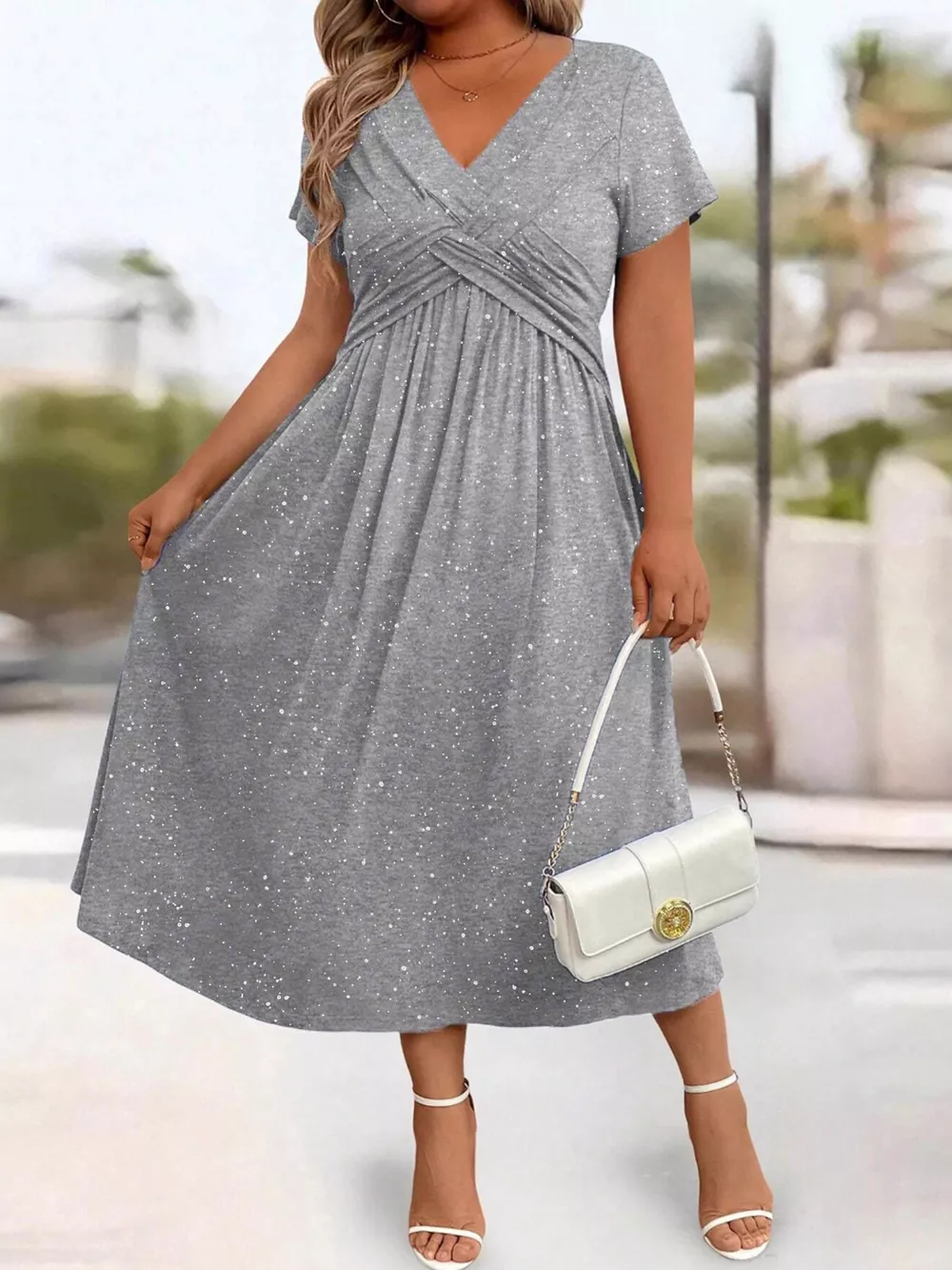 Full Size Glitter Flutter Sleeve Midi Dress Plus Size, image 4