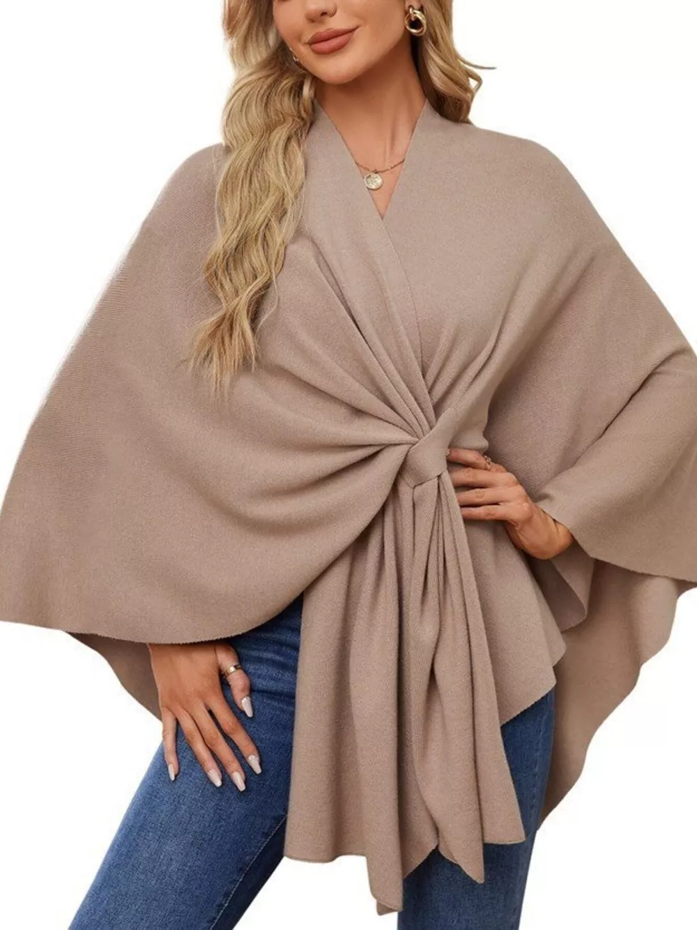 Solid Color Tie-Front Knit Cape Top, image 29