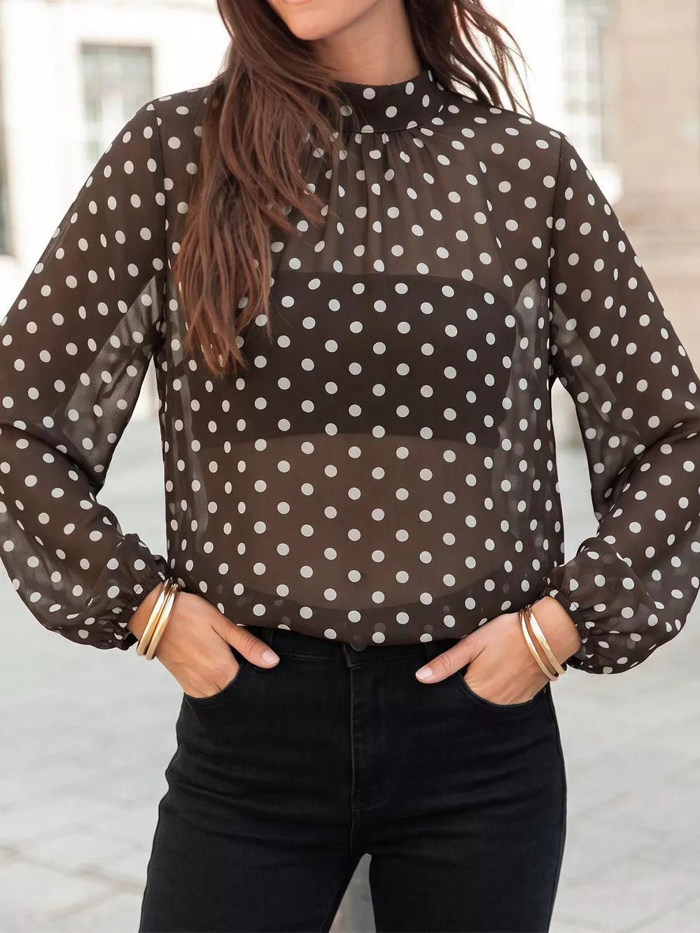 Polka Dot Mock Neck Long Sleeve Blouse, image 10