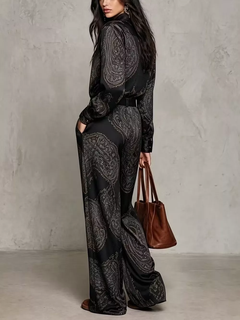 Paisley Print Long Sleeve Shirt and Wide-Leg Pants Set, image 8