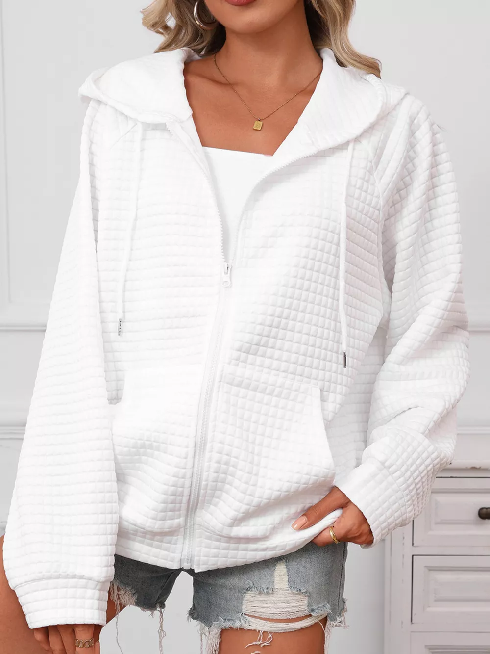Full Size Textured Quilted Zip-Up Hooded Jacket Plus Size, image 20