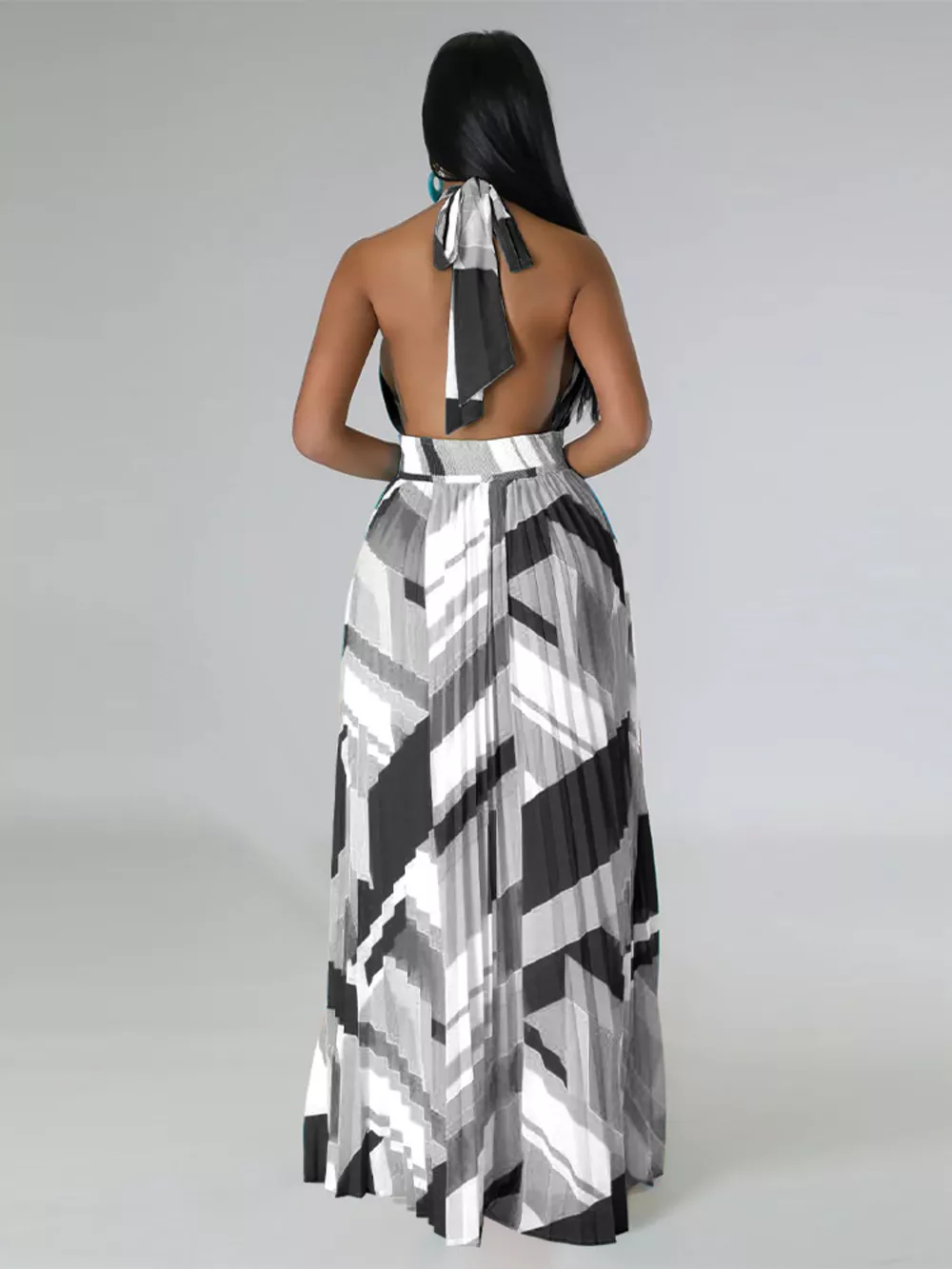 Halter Neck Geometric Print Pleated Maxi Dress, image 22