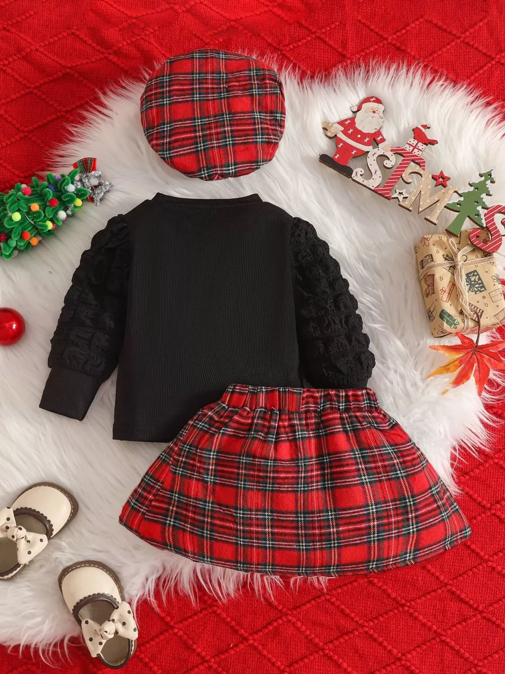 Children's Puff Sleeve Top and Plaid Skirt Set with Hat, image 3