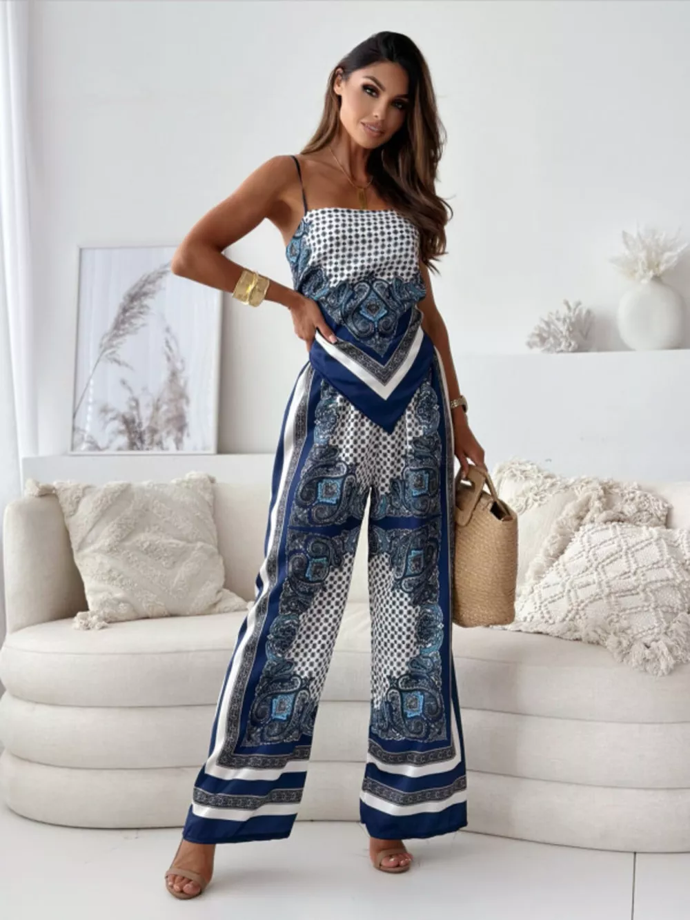 Printed Cami and Wide Leg Pants Set