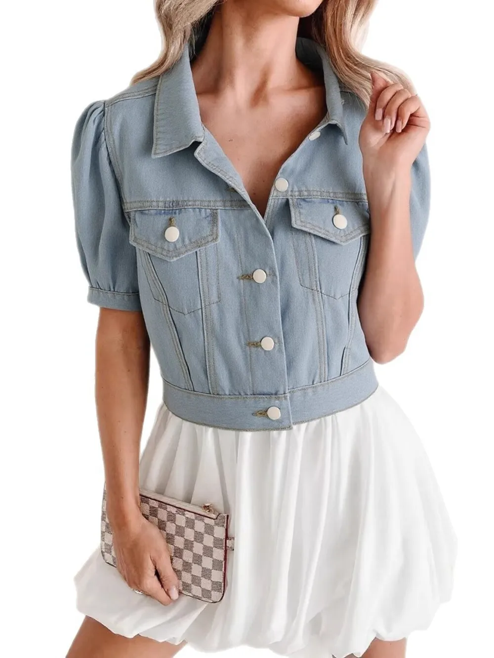 Button Up Puff Sleeve Cropped Denim Jacket, image 3