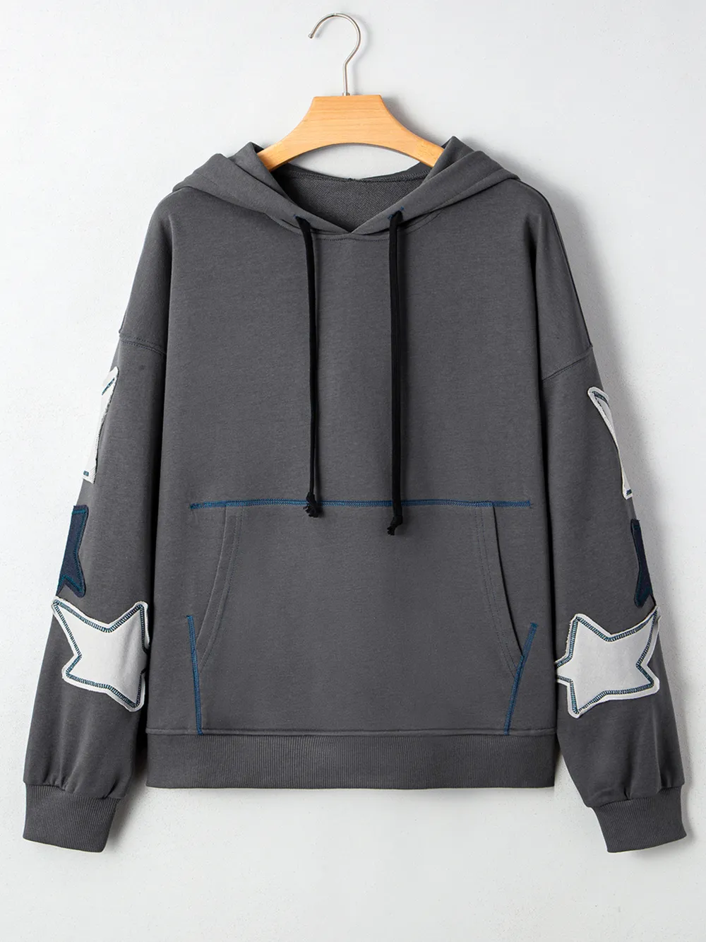 Star Patchwork Contrast Stitching Mineral Wash Kangaroo Pocket Hoodie, image 7