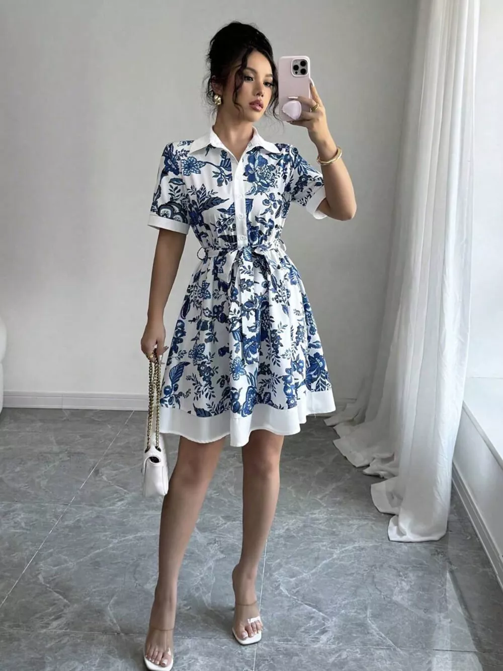 Printed Button Front Mini Dress, image 4