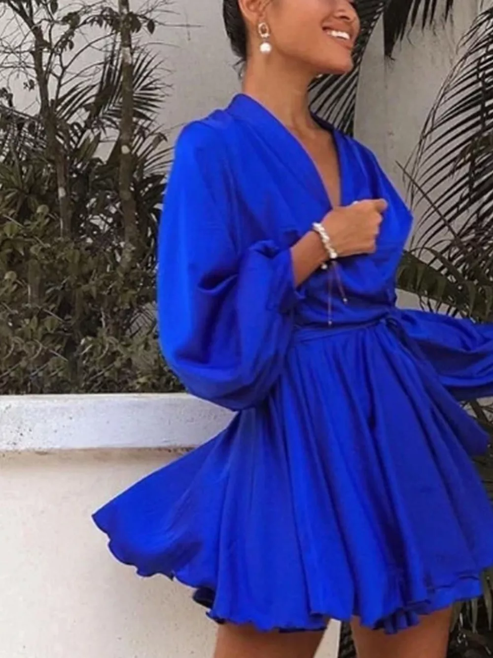 Satin Surplice Long Sleeve Mini Dress, image 10