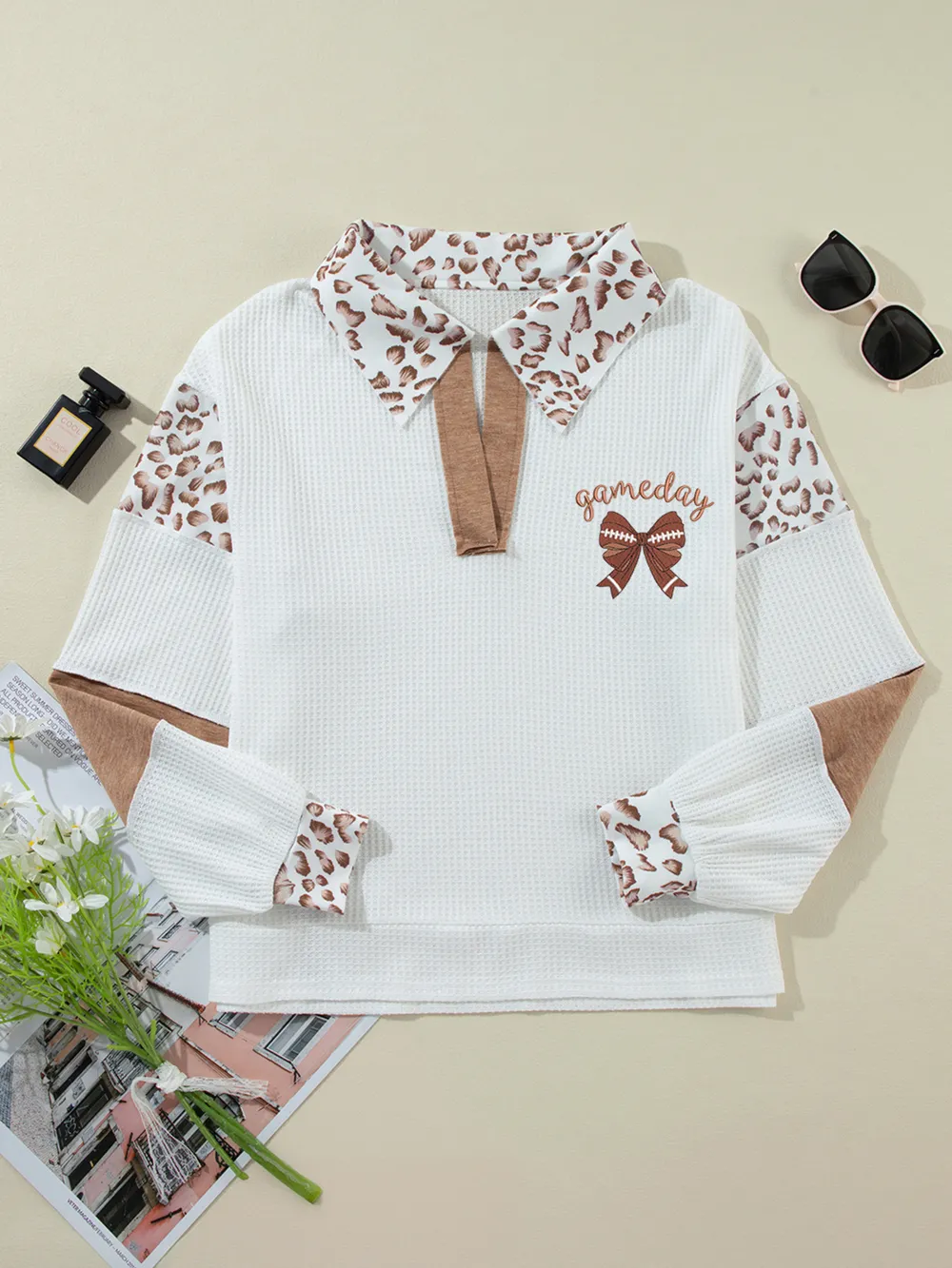 Game Day Bow Embroidered Leopard Color Block Patchwork Top, image 5