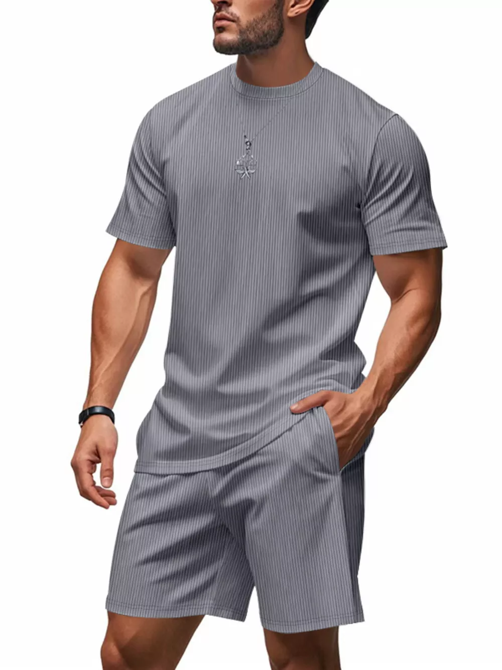 Men's Full Size Casual Striped Top and Shorts Set Plus Size, image 3