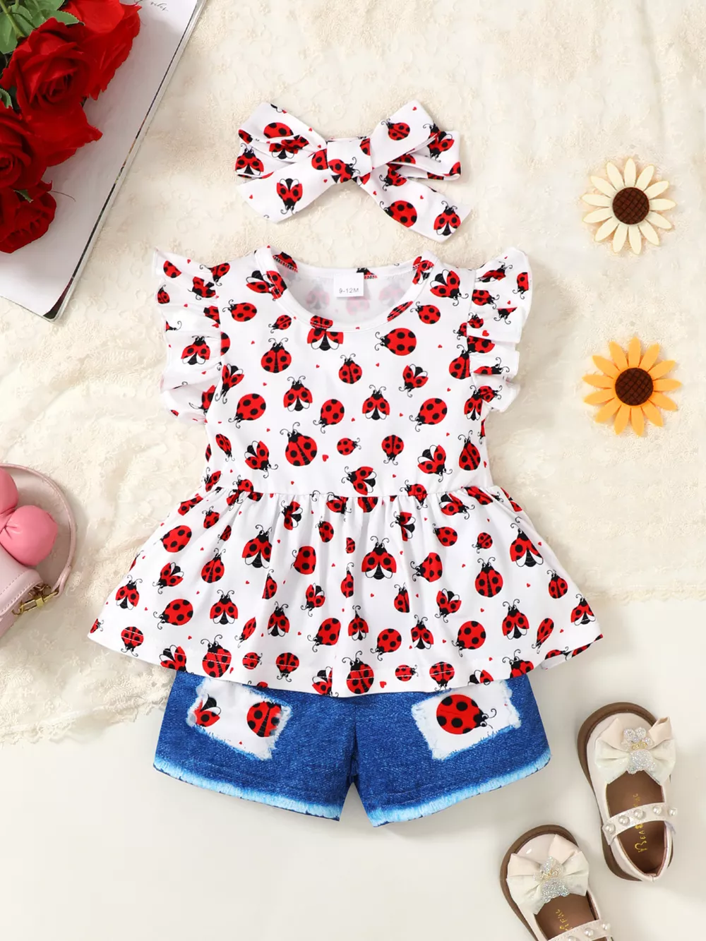 Children's Ladybug Print Ruffle Trim Top & Shorts & Headband Set, image 3