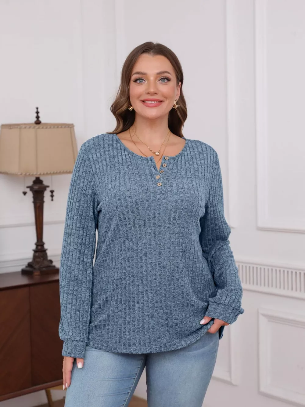Ribbed Knit Button-Front Long Sleeve T-Shirt, image 15