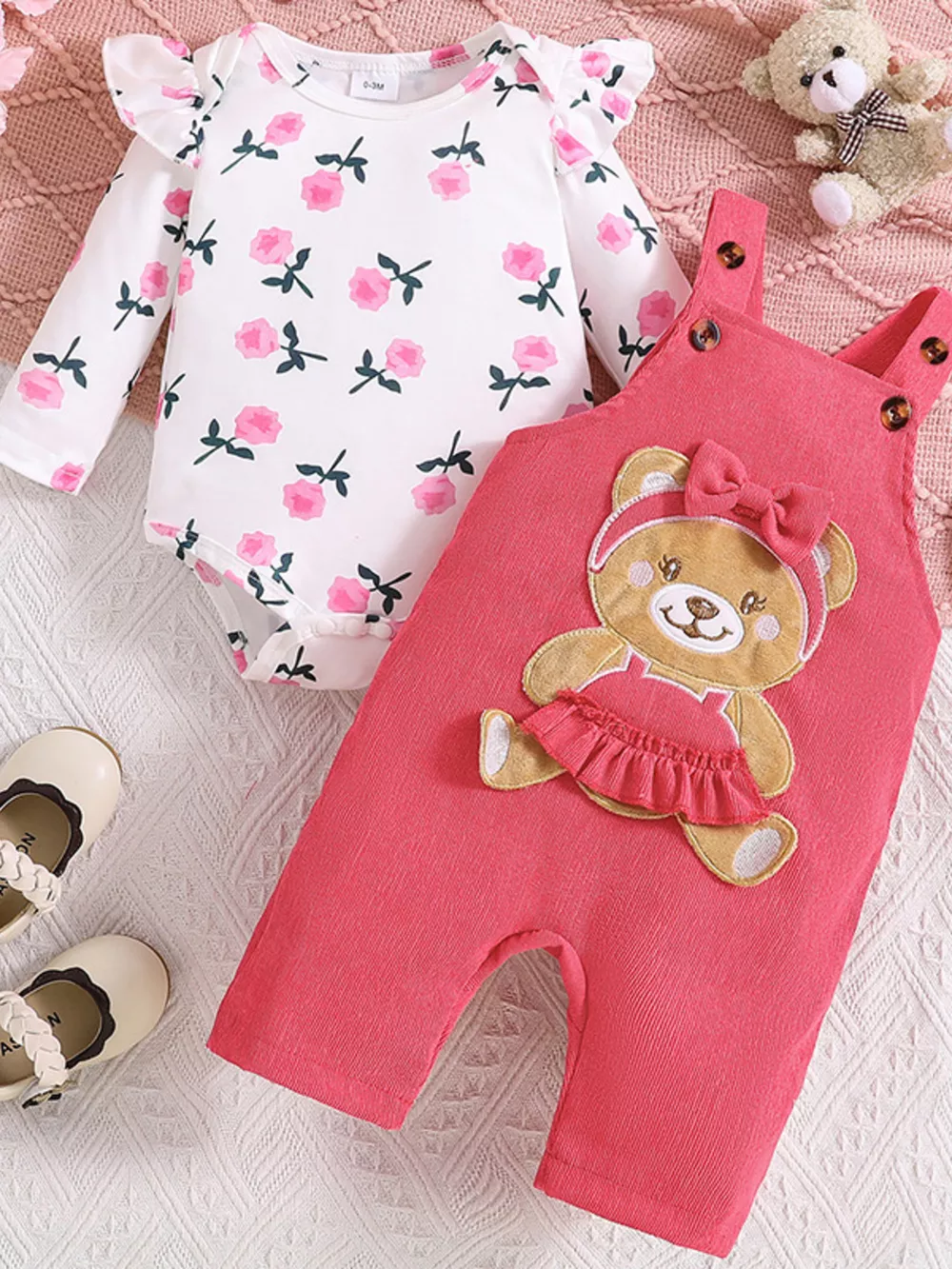 Children's Floral Bodysuit and Bear Overalls Set with Headband, image 2