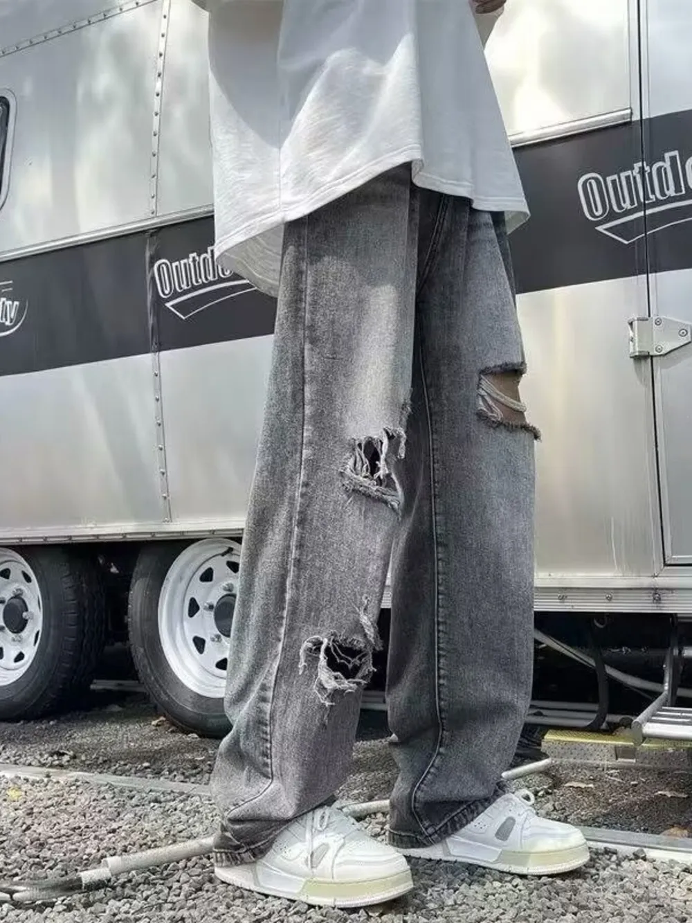 Men's Full Size Distressed Wide Leg Jeans Plus Size